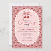 Chic Coquette Bow Cherry On Top Girl Baby Shower  Einladung (Vorderseite)