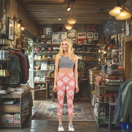 Chic Coral and White Floral Customizable Muster Capri Leggings