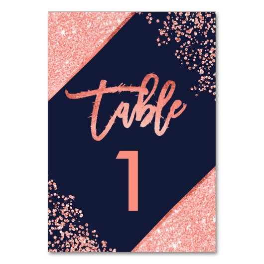 Chic Coral Glitzer Skript Marine blaue Tischnummer (Vorderseite)