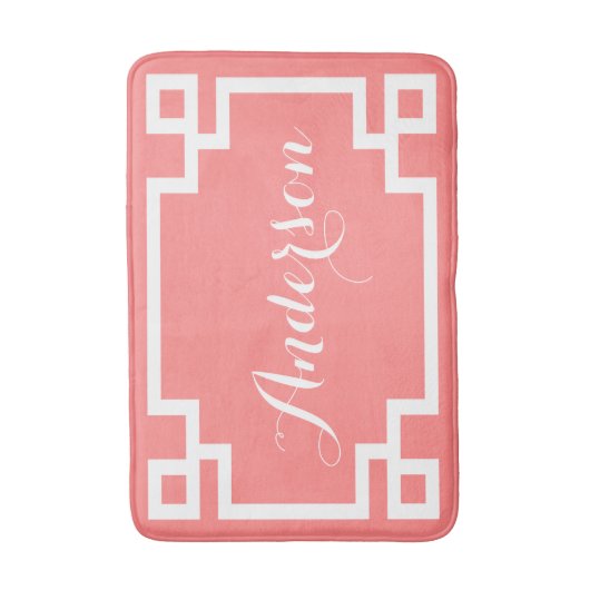 Chic Coral und White Griry Key Custom Monogram Badematte (Vorderseite Vertikal)