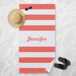 Chic Coral und White Stripes Personalisiert Strandtuch