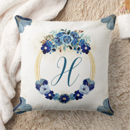 Chic Country Monogram Blue Gold Floral Wreath Kissen