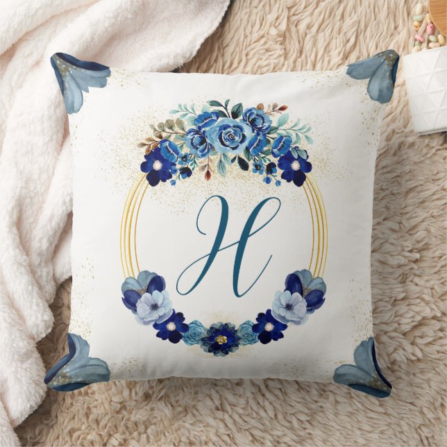 Chic Country Monogram Blue Gold Floral Wreath Kissen (Decke)