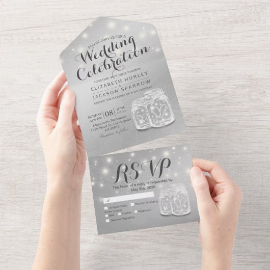 Chic Couple Mason Jar Lavender Silver Wedding RSVP All In One Einladung (Abreißen)