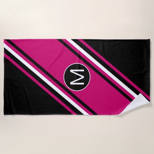 Chic cranberry pink schwarz-weiß Monogramm Strandtuch (Vorderseite)
