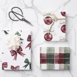 Chic Cream Brown Streifen Weihnachten Rote Ornamen Geschenkpapier Set