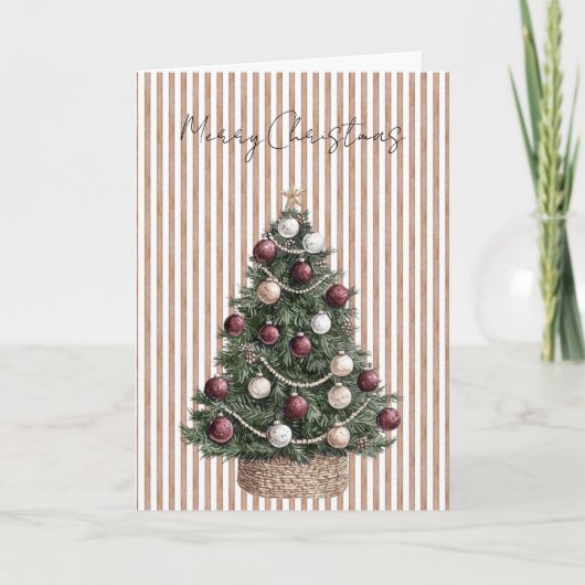 Chic Cream Brown Streifen Weihnachtsbaum Karte (Vorderseite)
