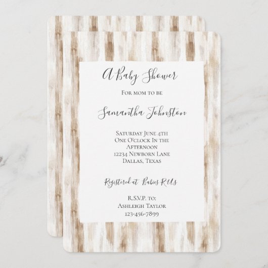 Chic Cream Brown Stripes Babydusche Einladung (Vorne/Hinten)