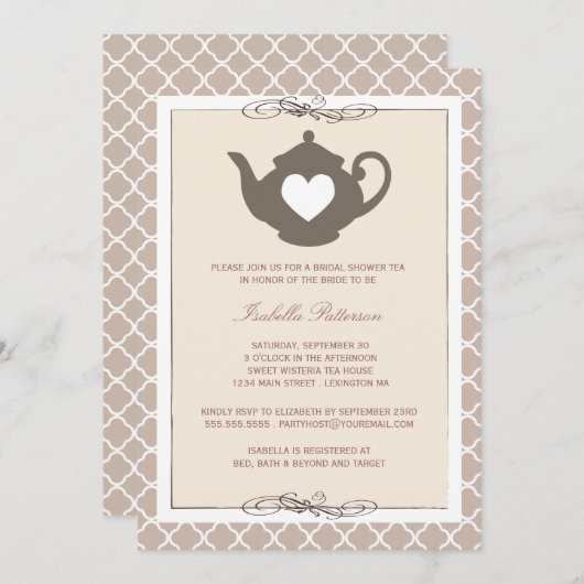 Chic Cream & Brown Teapot Brautparty Tee Party Einladung (Vorne/Hinten)