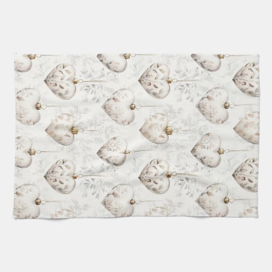 Chic Cream Grey Hearts Ornaments Geschirrtuch (Horizontal)