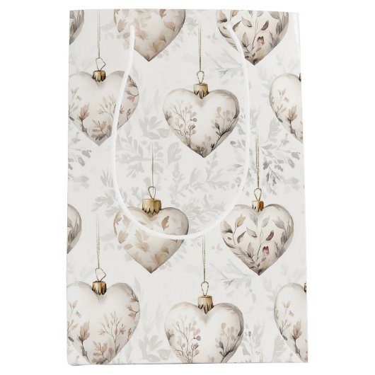 Chic Cream Grey Hearts Ornaments Wedding Mittlere Geschenktüte (Vorderseite)