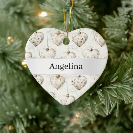 Chic Cream Hearts Silver Ribbon Christmas Keramik Ornament (Baum)