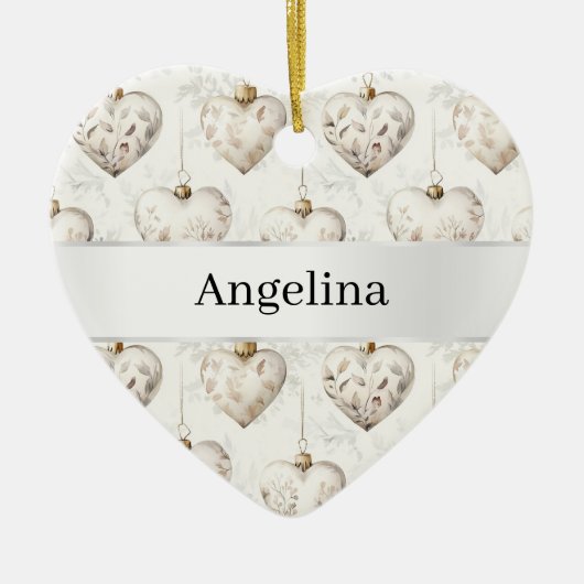 Chic Cream Hearts Silver Ribbon Christmas Keramik Ornament (Vorne)