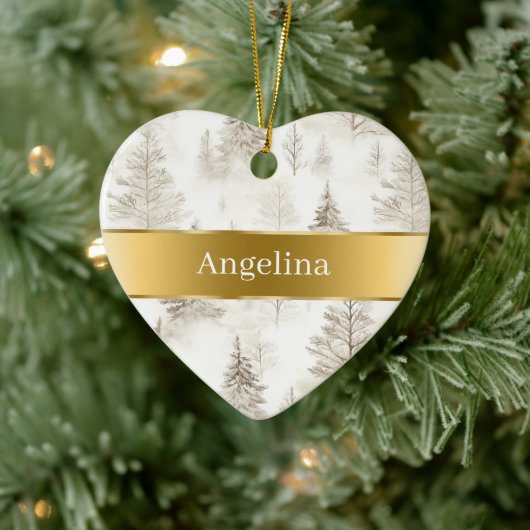 Chic Cream Trees Gold Ribbon Christmas Keramik Ornament (Baum)