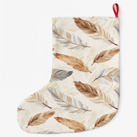 Chic Cream White Brown Feathers Weihnachten Großer Weihnachtsstrumpf (Rückseite)