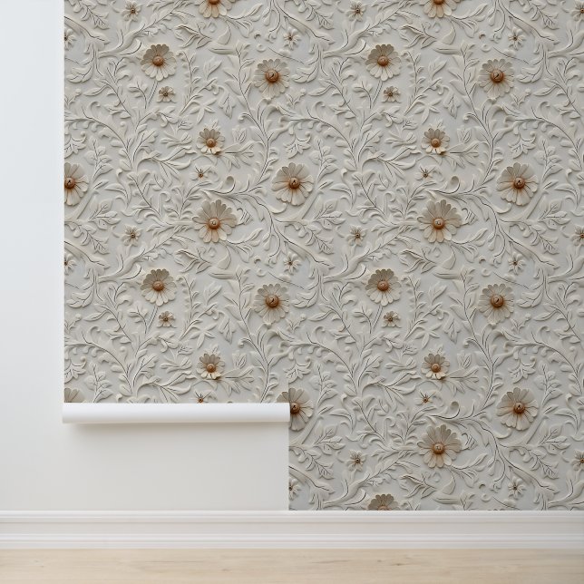 Chic Creme Blumenleder Tapete (Anwendung)