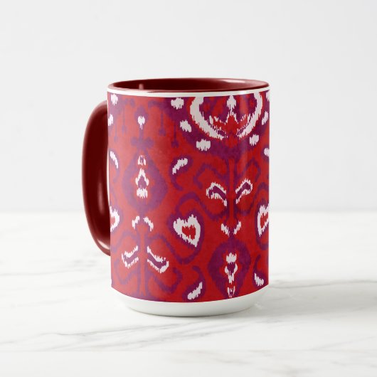Chic Crimson Red lila Ikat Stammmuster Tasse (Vorderseite Links)