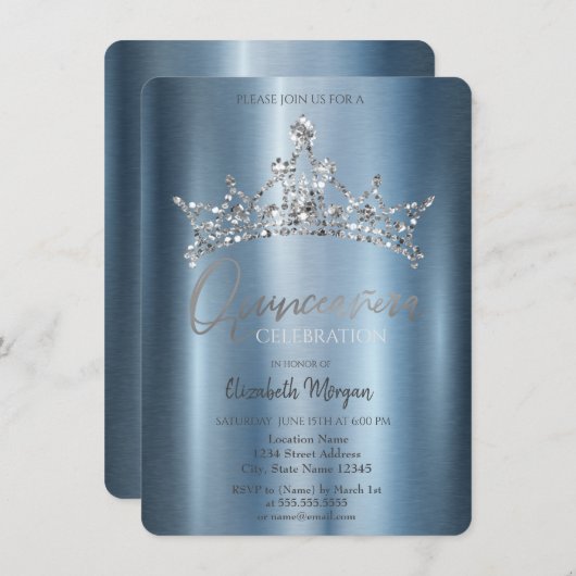 Chic Crown Blue Metallic Quinceñera Einladung (Vorne/Hinten)