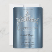 Chic Crown Blue Metallic Quinceñera Einladung (Vorderseite)