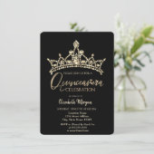 Chic Crown Confetti Black Quinceañera Einladung (Stehend Vorderseite)