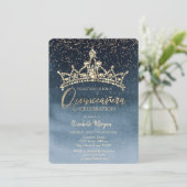 Chic Crown Confetti Navy Blue Quinceañera Einladung (Stehend Vorderseite)