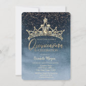 Chic Crown Confetti Navy Blue Quinceañera Einladung (Vorderseite)