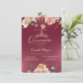 Chic Crown Rose Burgundy Quinceañera Einladung (Stehend Vorderseite)