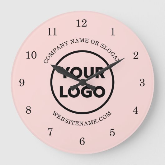 Chic Custom Business Logo und Text auf Rosa Große Wanduhr (Vorderseite)