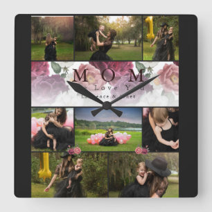 Chic Custom Floral Family and Mother Photo Collage Quadratische Wanduhr