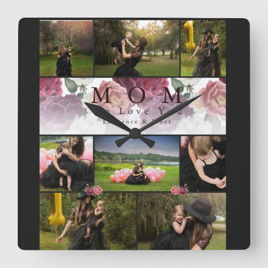 Chic Custom Floral Family und Mutter Foto Collage Quadratische Wanduhr (Vorderseite)