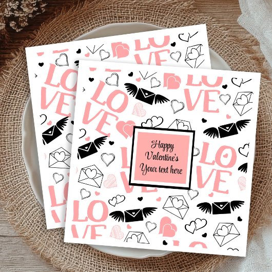 Chic Custom Pink Black Hearts Hand Drawn Valentine Serviette