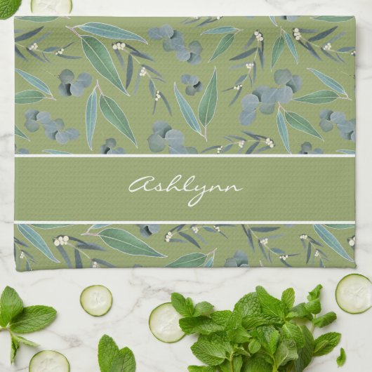Chic Custom Sage Green Eucalyptus Pattern Geschirrtuch (Gefaltet)