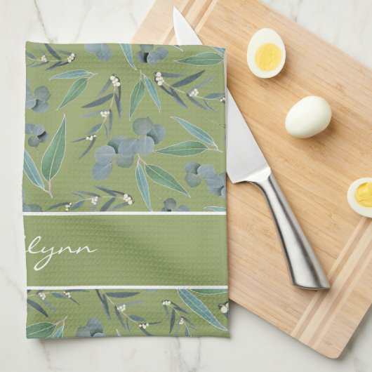 Chic Custom Sage Green Eucalyptus Pattern Geschirrtuch (Viertel Falte)