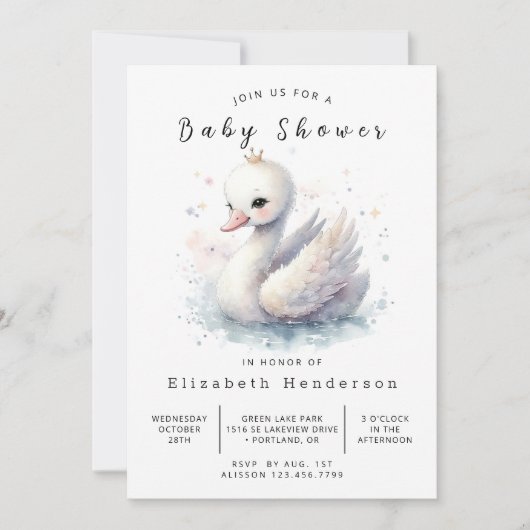 Chic Custom Swan Baby Dusche Einladung (Vorderseite)