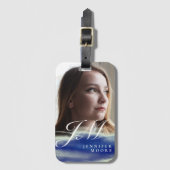 Chic Custom Torquoise Blue Abstrakt Foto Monogram Gepäckanhänger (Vorderseite Vertikal)