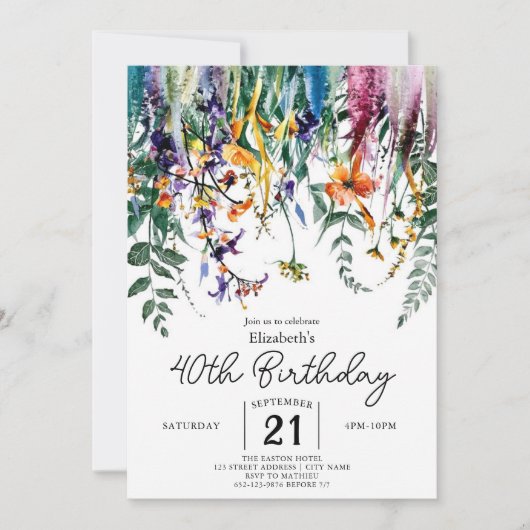 Chic Custom Wildblumen 40. Geburtstag Einladung (Vorderseite)