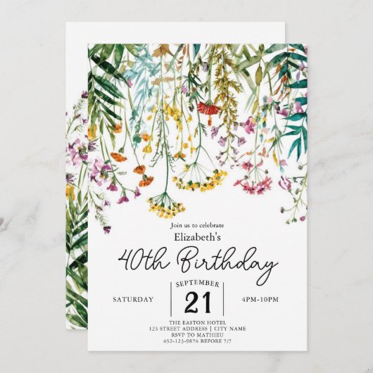 Chic Custom Wildblumen 40. Geburtstag Einladung (Vorne/Hinten)