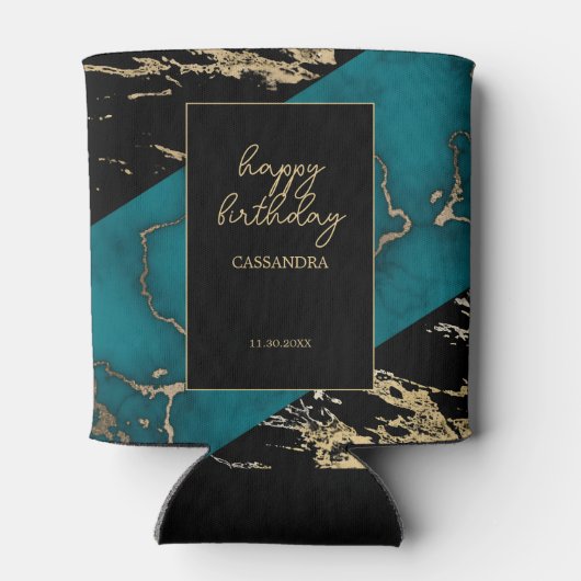 Chic Cyan Marble Gold Foil Paint Texture Geburtsta Dosenkühler (Rückseite)