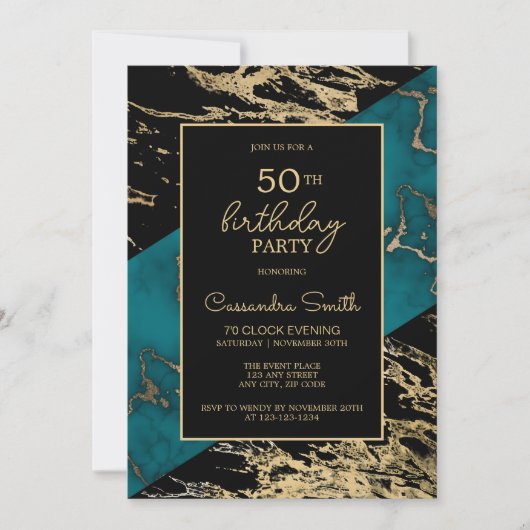 Chic Cyan Marble Gold Foil Paint Texture Geburtsta Einladung (Vorderseite)