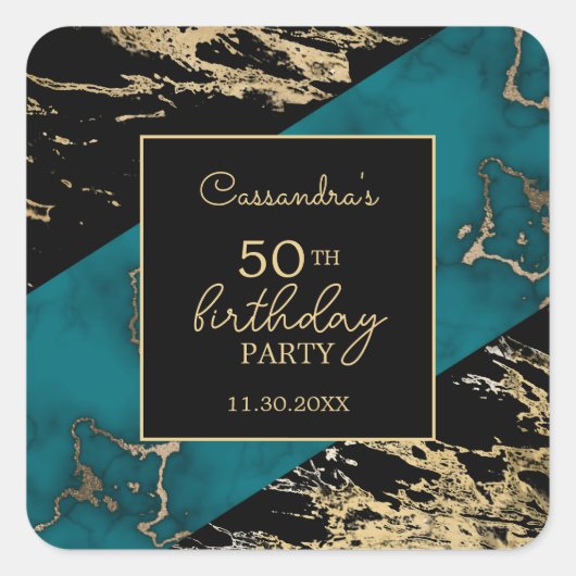 Chic Cyan Marble Gold Foil Paint Texture Geburtsta Quadratischer Aufkleber (Vorderseite)