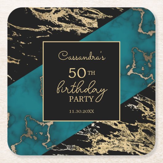 Chic Cyan Marble Gold Foil Paint Texture Geburtsta Rechteckiger Pappuntersetzer (Vorderseite)
