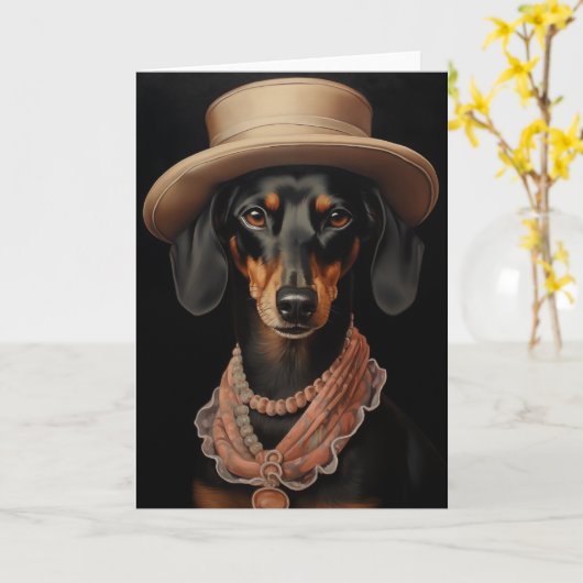 Chic Dackel mit Cremhut Karte (Gelbe Blume)