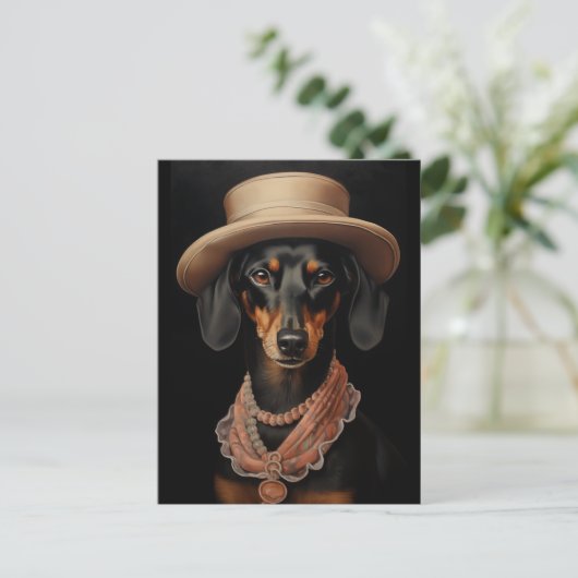 Chic Dackel mit Cremhut Postkarte (Stehend Vorderseite)