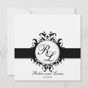Chic Damask Monogramme Hochzeit lädt Schwarz-weiß Einladung