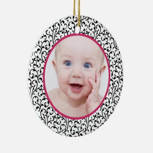 Chic Damask Pink Baby's First Christmas Keramikornament (Rechts)