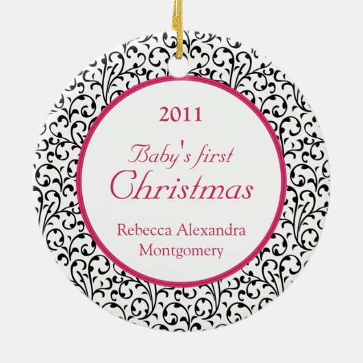 Chic Damask Pink Baby's First Christmas Keramikornament (Hinten)