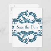 Chic Damask Save the Date Postcard, blau Ankündigungspostkarte (Vorne/Hinten)