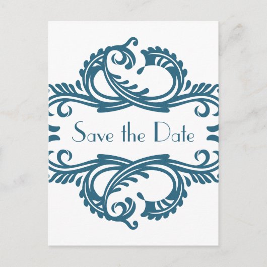 Chic Damask Save the Date Postcard, blau Ankündigungspostkarte (Vorderseite)