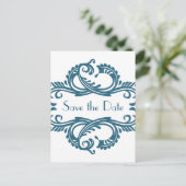Chic Damask Save the Date Postcard, blau Ankündigungspostkarte (Stehend Vorderseite)