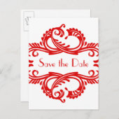 Chic Damask Save the Date Postcard, Rot Ankündigungspostkarte (Vorne/Hinten)
